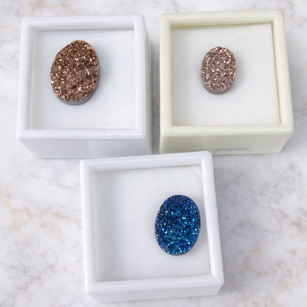 Druzy Quartz Cabochon Bundle Champagne & Peacock Oval Jewelry Stones